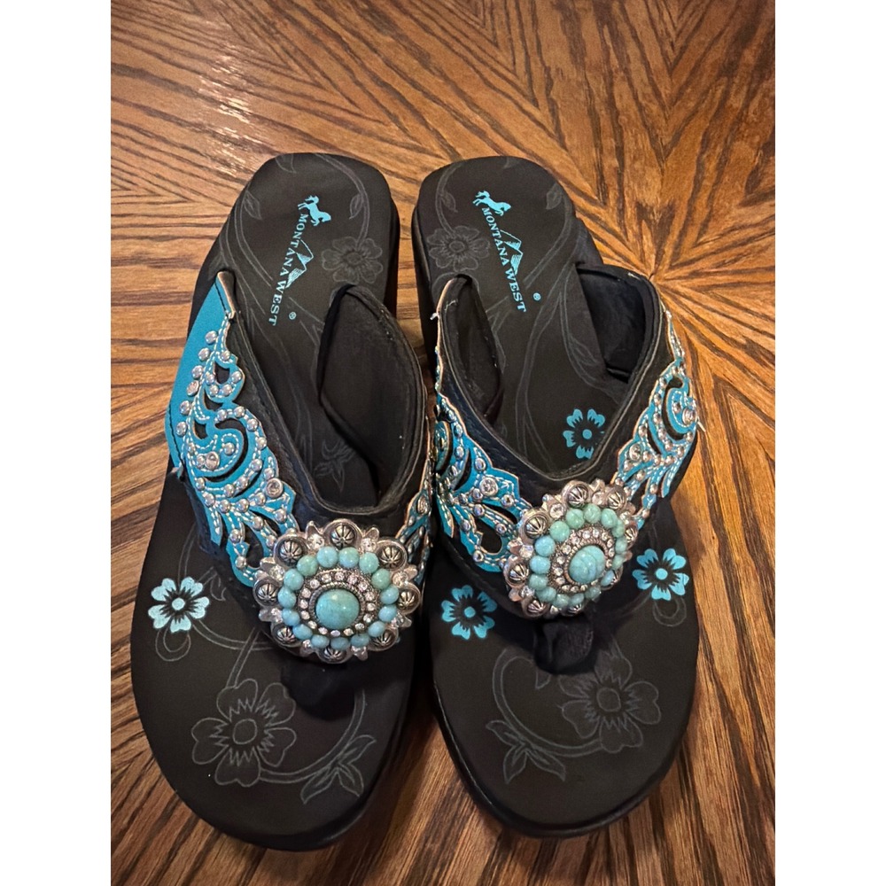 Montana West Turquoise Rhinestone Concho Platform Flip Flops Black Wedge Size 8